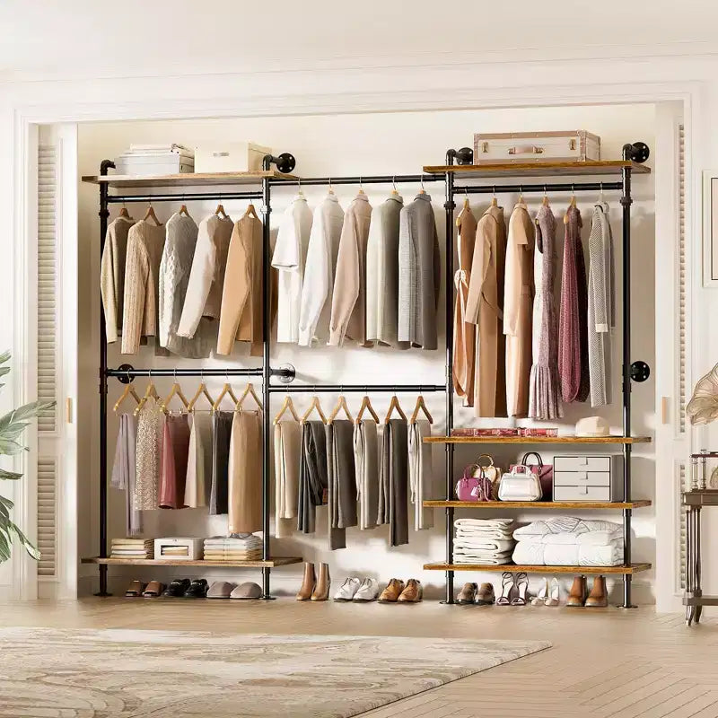Portant à vêtements Besiost avec étagères en bois, système de rangement pour penderie