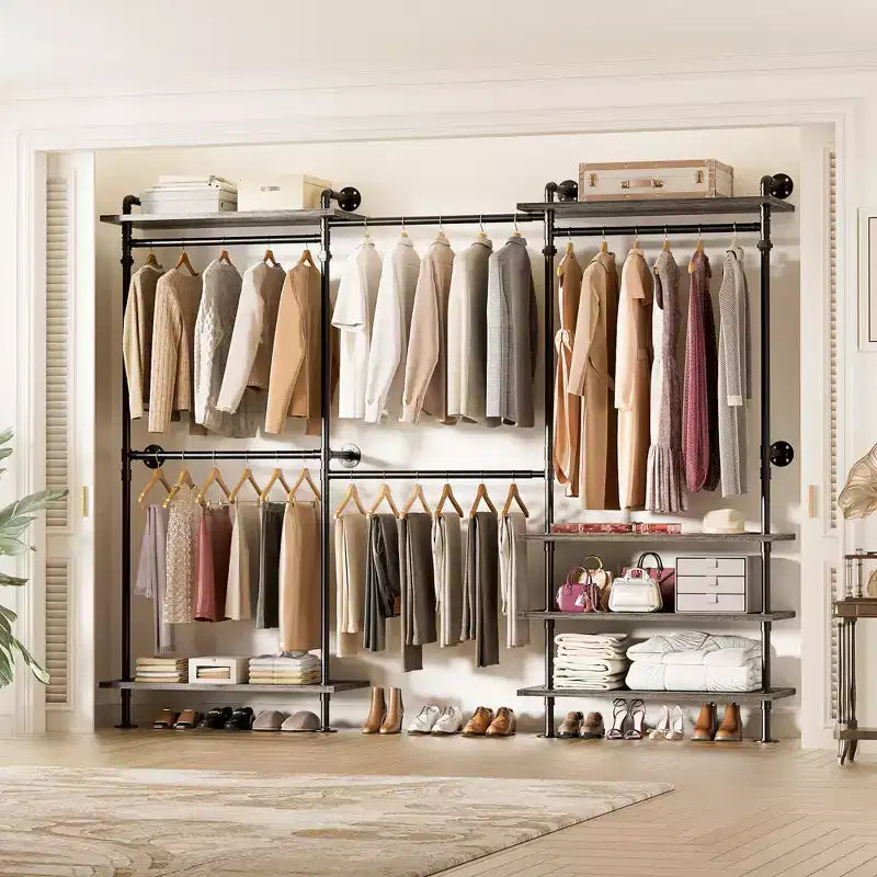 Portant à vêtements Besiost avec étagères en bois, système de rangement pour penderie