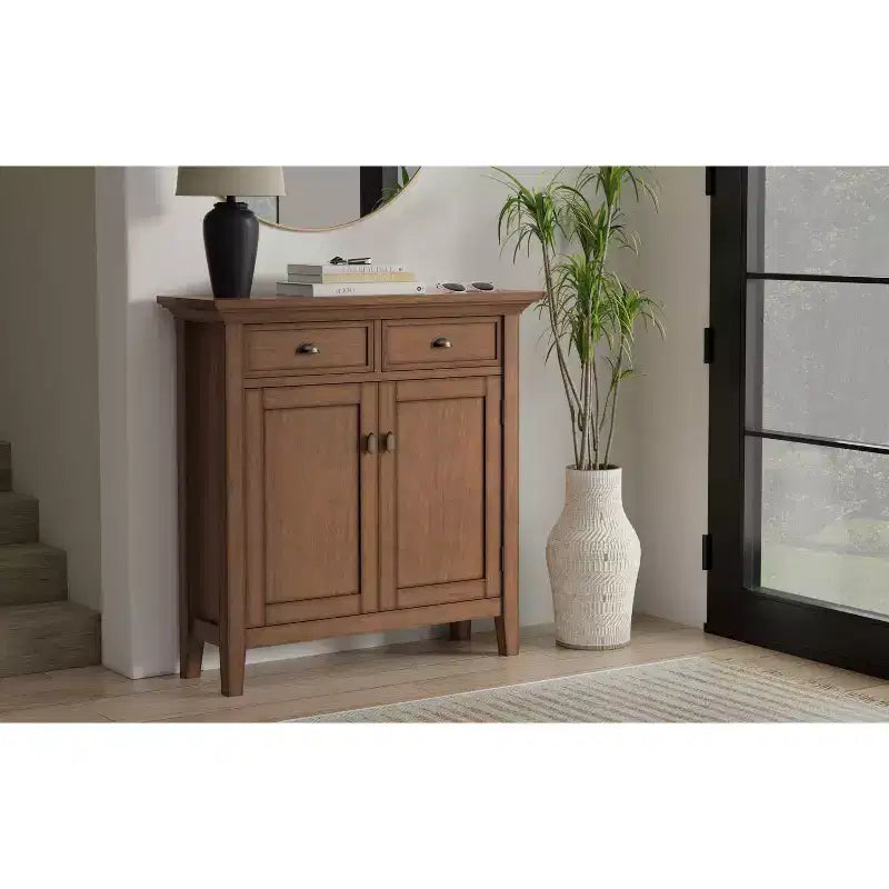 Meuble de rangement pour entrée de style transitionnel en bois massif Mansfield, 91 cm de large, brun vieilli naturel rustique