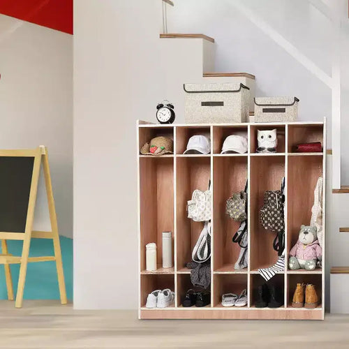 Vestiaire à 5 sections avec roulettes, meuble de rangement en bois pour salle de classe, surface vitrée, rangement mobile, kit anti-basculement, 5 crochets 10 casiers