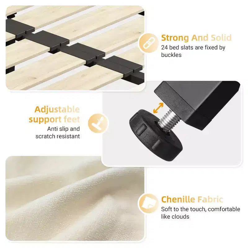Lit plateforme Whisen King Size en chenille, cadre de lit en bois, tête de lit capitonnée avec oreiller nuage ultra-doux et extra-large