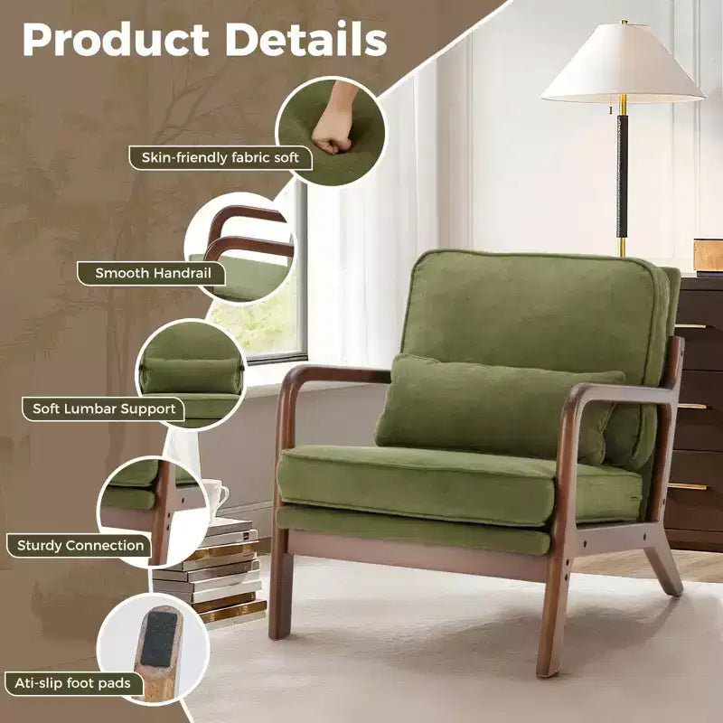 Fauteuil d'appoint TUYOHW, fauteuil de salon avec accoudoirs, coussin lombaire, cadre en bois massif, coussin en mousse haute résilience, fauteuil pour salon, chambre, bureau