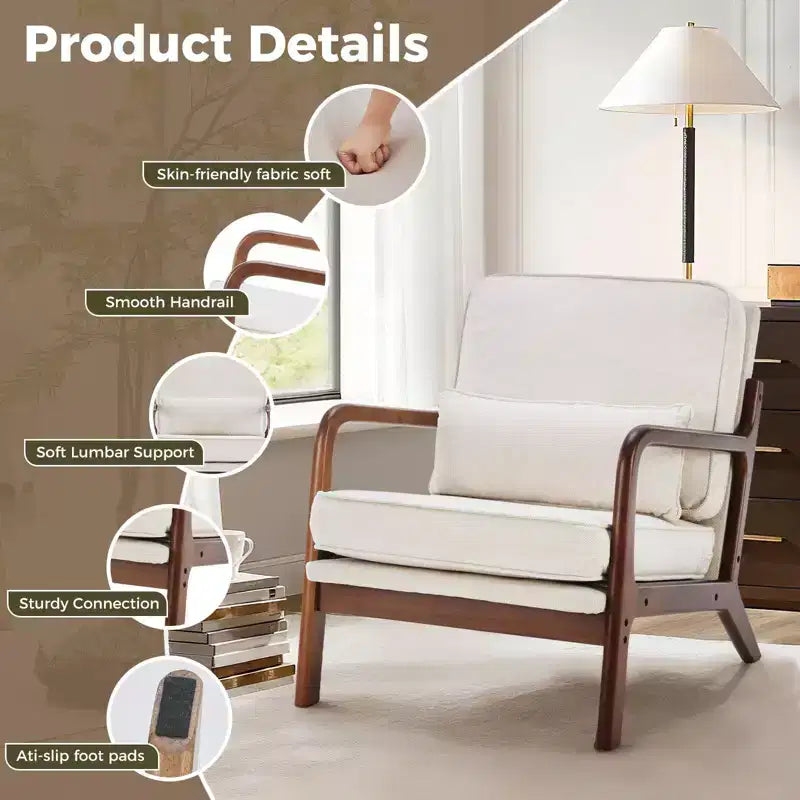 Fauteuil d'appoint TUYOHW, fauteuil de salon avec accoudoirs, coussin lombaire, cadre en bois massif, coussin en mousse haute résilience, fauteuil pour salon, chambre, bureau