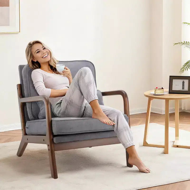 Fauteuil d'appoint TUYOHW, fauteuil de salon avec accoudoirs, coussin lombaire, cadre en bois massif, coussin en mousse haute résilience, fauteuil pour salon, chambre, bureau