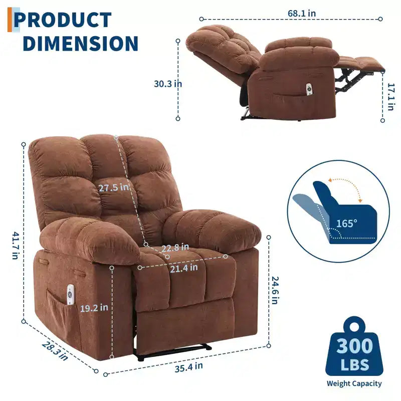 Fauteuil inclinable extra large et surdimensionné avec massage et chauffage - Fauteuil inclinable manuel en peluche pour salon, confort de type « Lazy Boy » avec inclinaison à 150 degrés