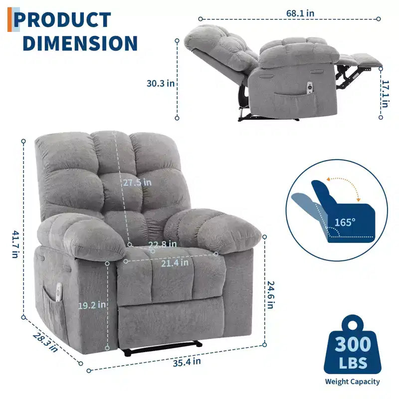 Fauteuil inclinable extra large et surdimensionné avec massage et chauffage - Fauteuil inclinable manuel en peluche pour salon, confort de type « Lazy Boy » avec inclinaison à 150 degrés