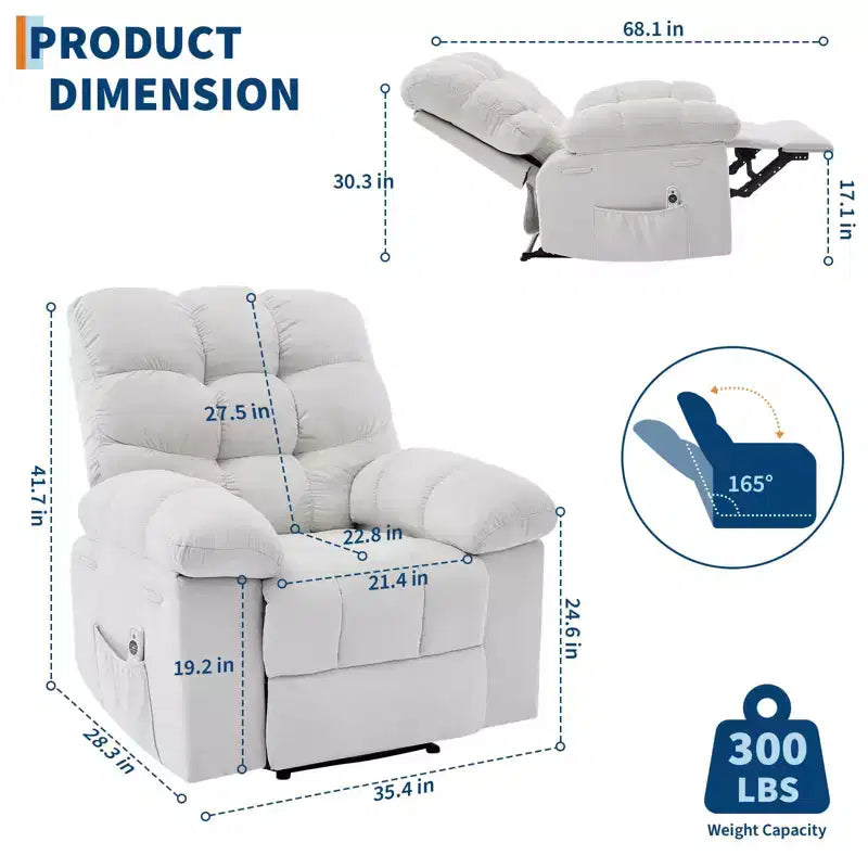 Fauteuil inclinable extra large et surdimensionné avec massage et chauffage - Fauteuil inclinable manuel en peluche pour salon, confort de type « Lazy Boy » avec inclinaison à 150 degrés