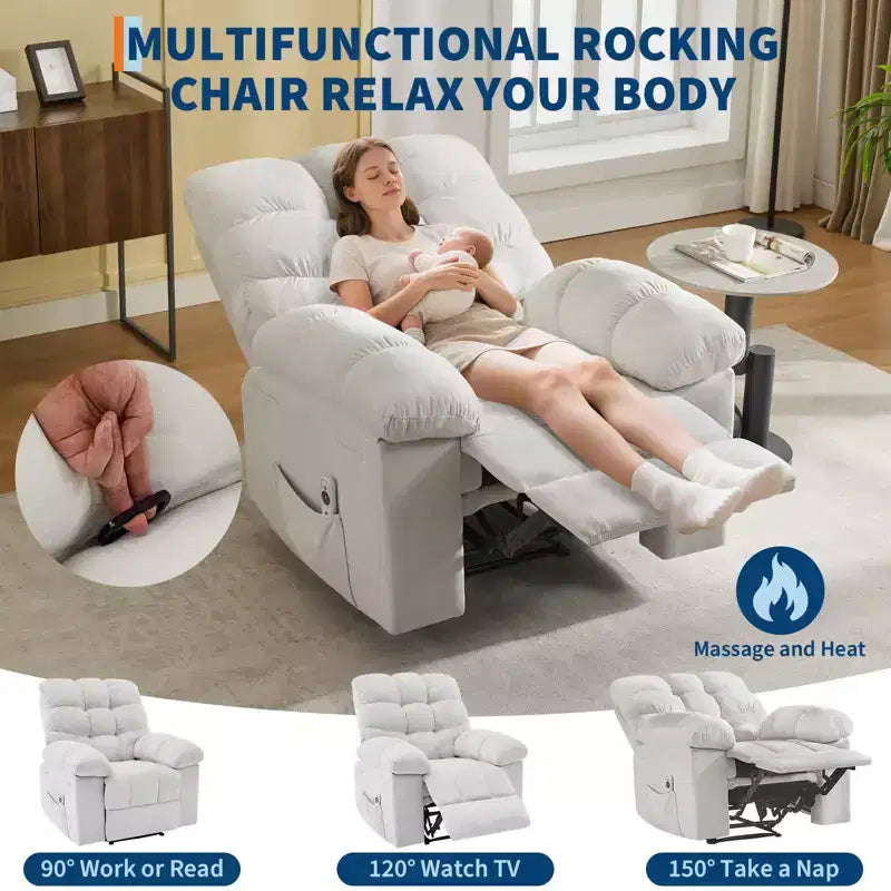 Fauteuil inclinable extra large et surdimensionné avec massage et chauffage - Fauteuil inclinable manuel en peluche pour salon, confort de type « Lazy Boy » avec inclinaison à 150 degrés