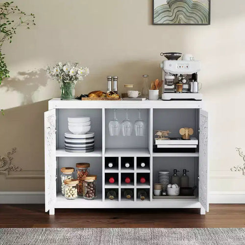 Meuble de Bar à Vin AEELLEEA avec 2 Portes, Buffet en MDF, Meuble de Rangement pour Alcool avec Porte-Bouteilles et Porte-Verres pour Salon, Salle à Manger, Cuisine, Blanc