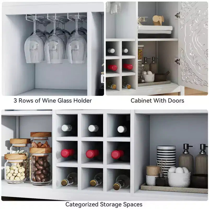 Meuble de Bar à Vin AEELLEEA avec 2 Portes, Buffet en MDF, Meuble de Rangement pour Alcool avec Porte-Bouteilles et Porte-Verres pour Salon, Salle à Manger, Cuisine, Blanc