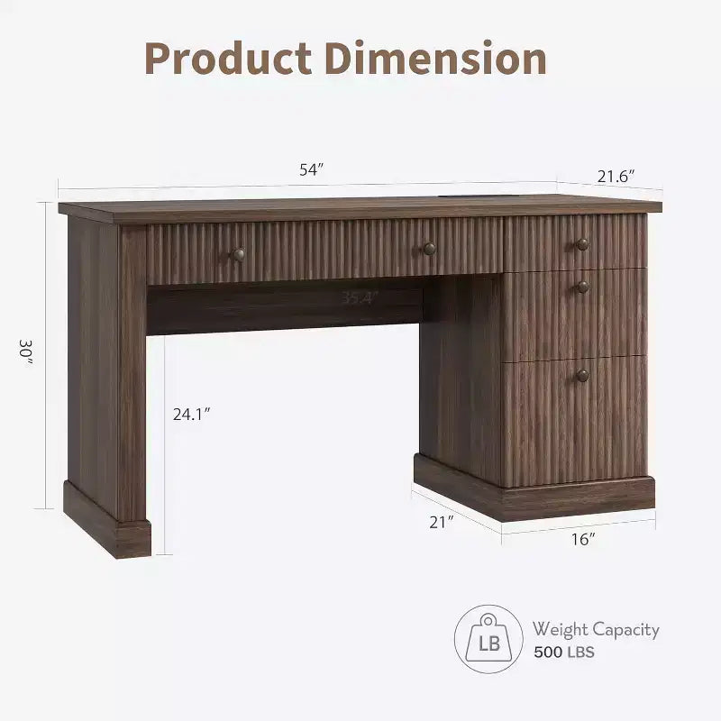 Bureau de direction moderne 54'' avec meuble de rangement et tiroir, brun, avec façade cannelée, idéal pour bureau à domicile, bureau d'étude, salon