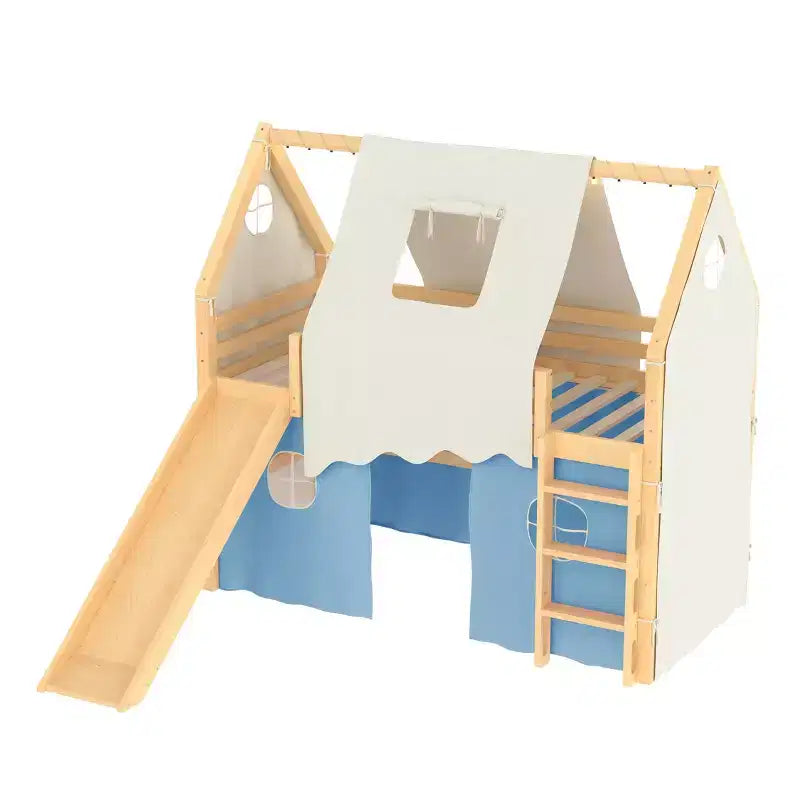 Lit mezzanine double/grand format avec toboggan intégré et lumières, cadre de lit mezzanine pour enfants avec tente et barrières de sécurité - ModernLuxe