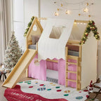 Lit mezzanine double/grand format avec toboggan intégré et lumières, cadre de lit mezzanine pour enfants avec tente et barrières de sécurité - ModernLuxe