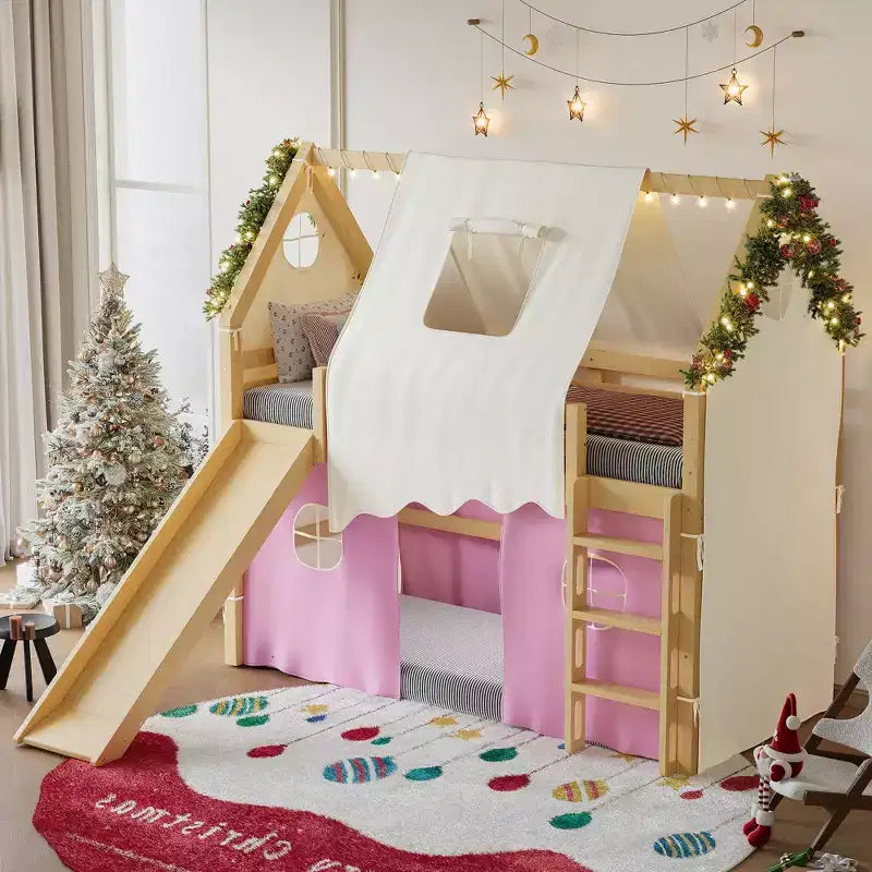 Lit mezzanine double/grand format avec toboggan intégré et lumières, cadre de lit mezzanine pour enfants avec tente et barrières de sécurité - ModernLuxe