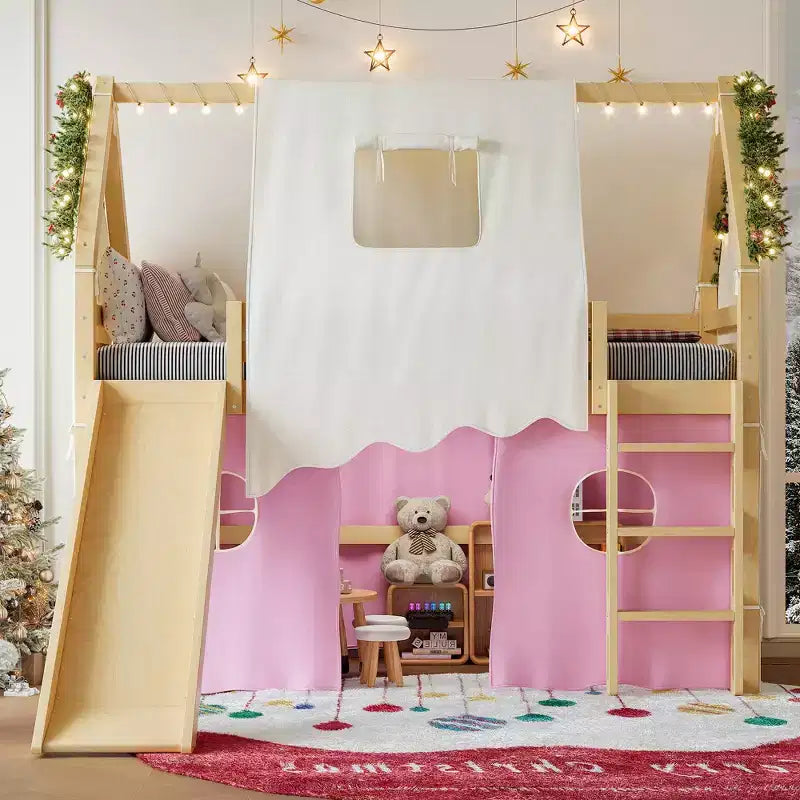 Lit mezzanine double/grand format avec toboggan intégré et lumières, cadre de lit mezzanine pour enfants avec tente et barrières de sécurité - ModernLuxe
