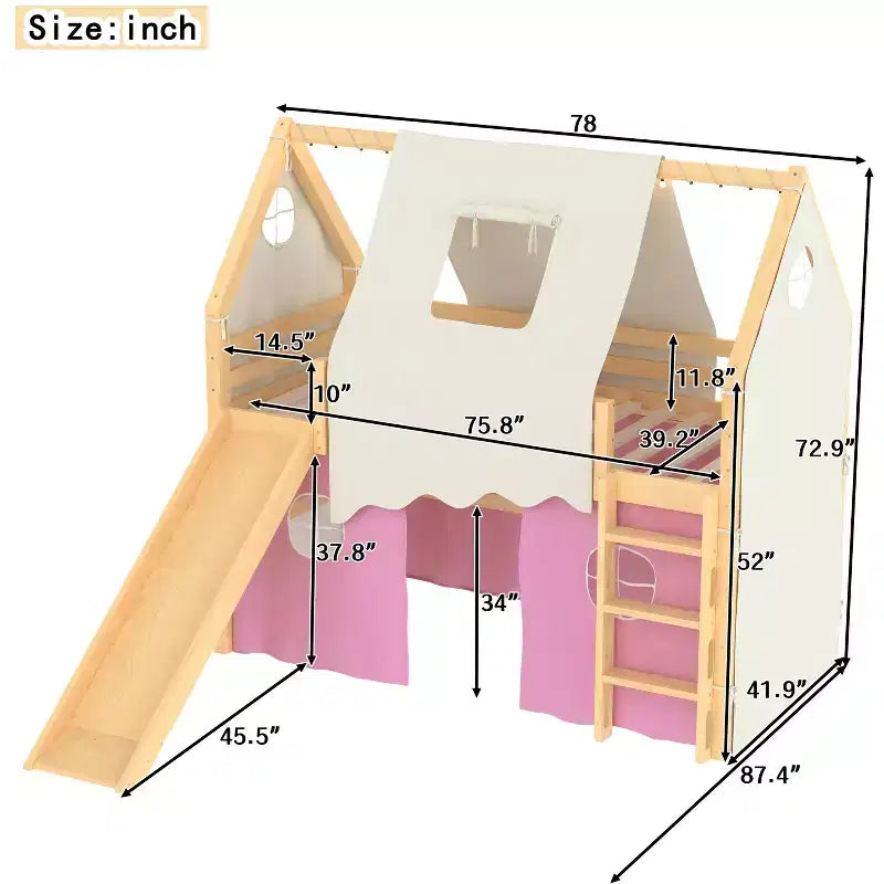 Lit mezzanine double/grand format avec toboggan intégré et lumières, cadre de lit mezzanine pour enfants avec tente et barrières de sécurité - ModernLuxe