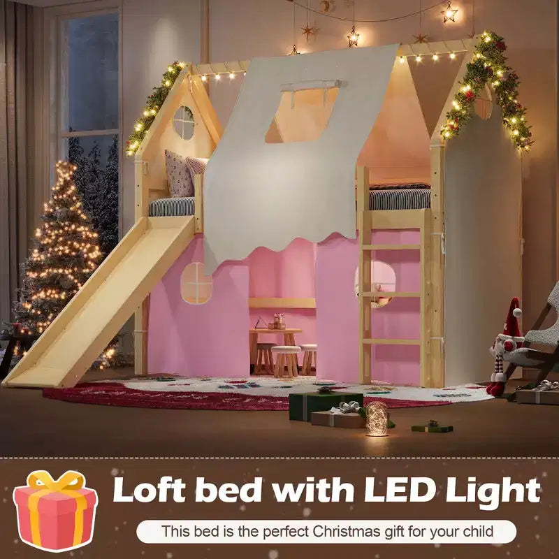 Lit mezzanine double/grand format avec toboggan intégré et lumières, cadre de lit mezzanine pour enfants avec tente et barrières de sécurité - ModernLuxe