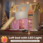 Lit mezzanine double/grand format avec toboggan intégré et lumières, cadre de lit mezzanine pour enfants avec tente et barrières de sécurité - ModernLuxe