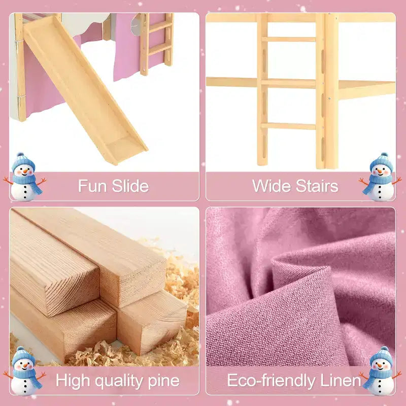 Lit mezzanine double/grand format avec toboggan intégré et lumières, cadre de lit mezzanine pour enfants avec tente et barrières de sécurité - ModernLuxe