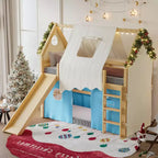 Lit mezzanine double/grand format avec toboggan intégré et lumières, cadre de lit mezzanine pour enfants avec tente et barrières de sécurité - ModernLuxe