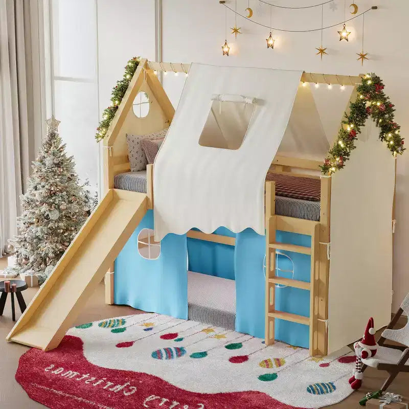 Lit mezzanine double/grand format avec toboggan intégré et lumières, cadre de lit mezzanine pour enfants avec tente et barrières de sécurité - ModernLuxe