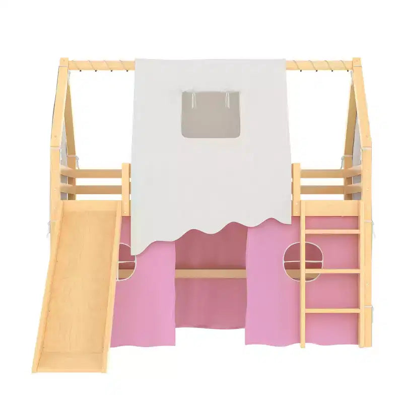 Lit mezzanine double/grand format avec toboggan intégré et lumières, cadre de lit mezzanine pour enfants avec tente et barrières de sécurité - ModernLuxe