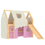 Lit mezzanine double/grand format avec toboggan intégré et lumières, cadre de lit mezzanine pour enfants avec tente et barrières de sécurité - ModernLuxe