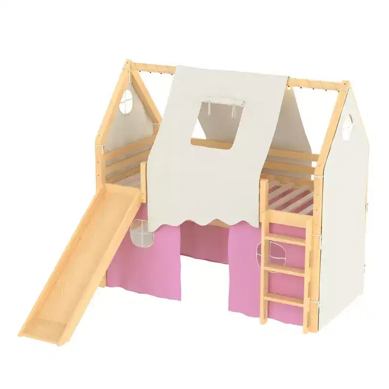 Lit mezzanine double/grand format avec toboggan intégré et lumières, cadre de lit mezzanine pour enfants avec tente et barrières de sécurité - ModernLuxe
