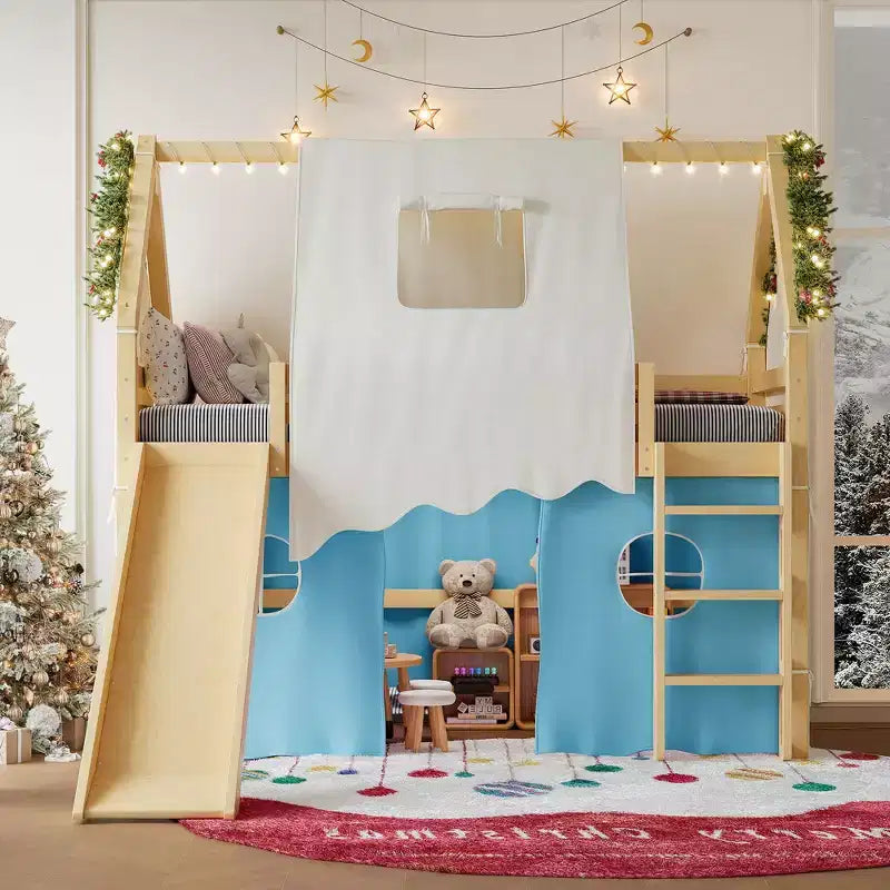 Lit mezzanine double/grand format avec toboggan intégré et lumières, cadre de lit mezzanine pour enfants avec tente et barrières de sécurité - ModernLuxe