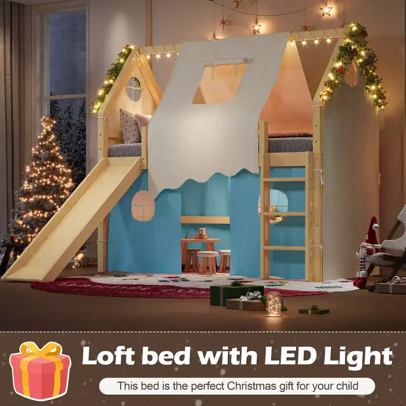 Lit mezzanine double/grand format avec toboggan intégré et lumières, cadre de lit mezzanine pour enfants avec tente et barrières de sécurité - ModernLuxe