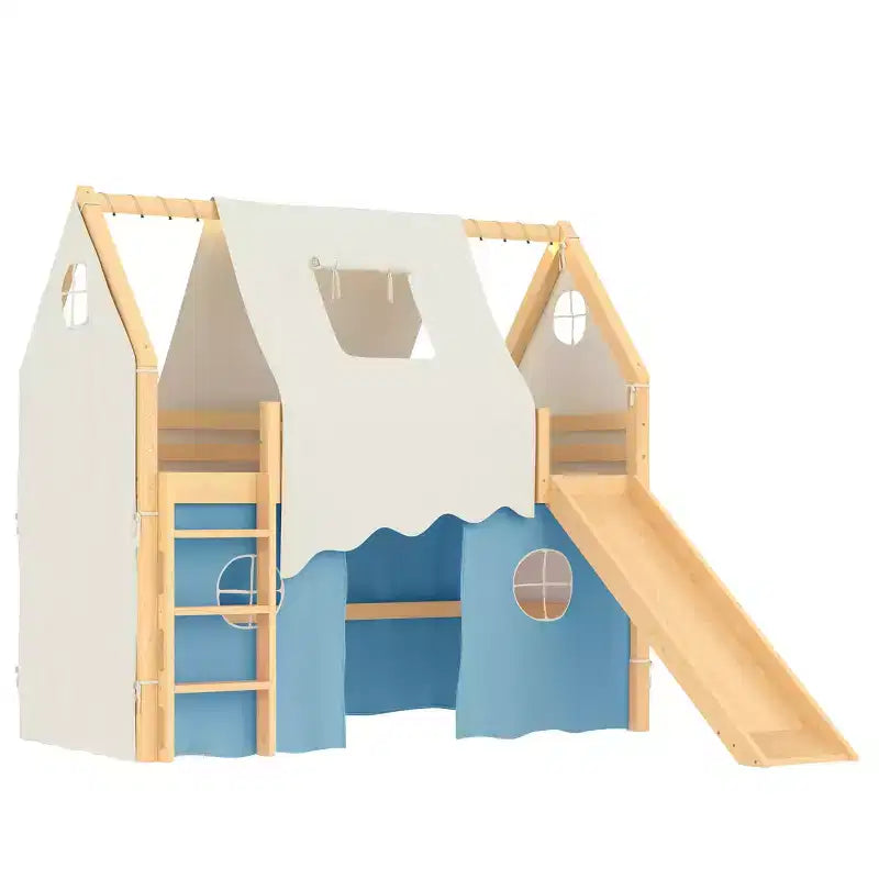 Lit mezzanine double/grand format avec toboggan intégré et lumières, cadre de lit mezzanine pour enfants avec tente et barrières de sécurité - ModernLuxe