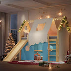 Twin/Full Size House Loft Bed with Built-in Slide & Lights, Kids Loft Bed Frame with Tent & Safety Guardrails - ModernLuxe