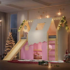 Lit mezzanine double/grand format avec toboggan intégré et lumières, cadre de lit mezzanine pour enfants avec tente et barrières de sécurité - ModernLuxe