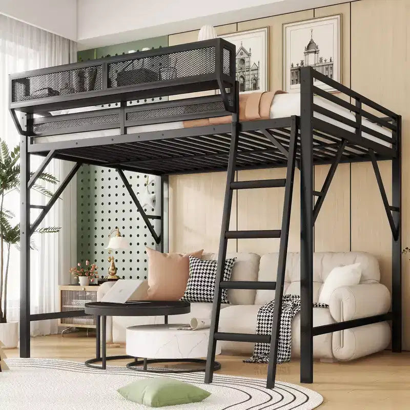 Lit mezzanine Okak Queen/Full Metal avec échelle et étagères de rangement, cadre de lit contemporain pour chambre à coucher, appartements