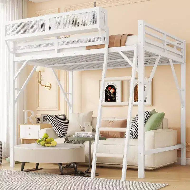 Lit mezzanine Okak Queen/Full Metal avec échelle et étagères de rangement, cadre de lit contemporain pour chambre à coucher, appartements