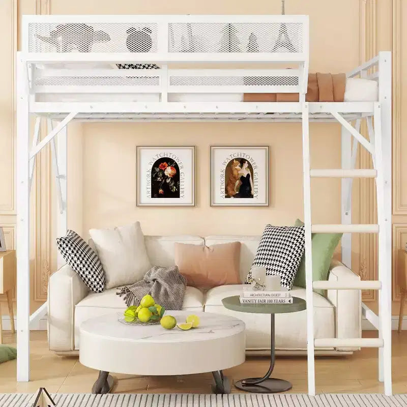 Lit mezzanine Okak Queen/Full Metal avec échelle et étagères de rangement, cadre de lit contemporain pour chambre à coucher, appartements