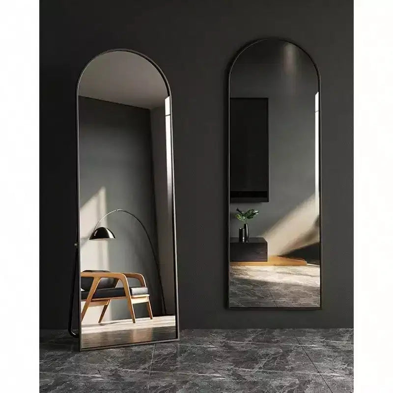 Miroir sur pied plein corps arqué avec support 45x147 cm Miroir mural noir Chambre Miroir de corps Grande taille Cadre solide