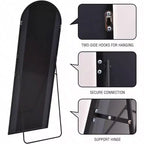 Miroir sur pied plein corps arqué avec support 45x147 cm Miroir mural noir Chambre Miroir de corps Grande taille Cadre solide