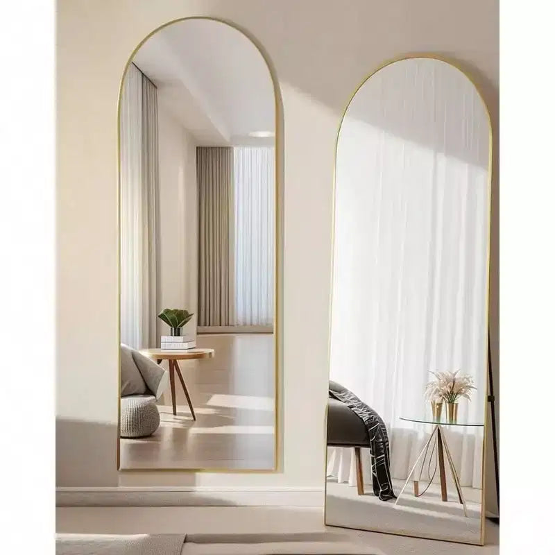 Miroir sur pied arqué de 58 pouces, miroir de sol doré avec support, miroir de chambre à coucher, autoportant ou mural