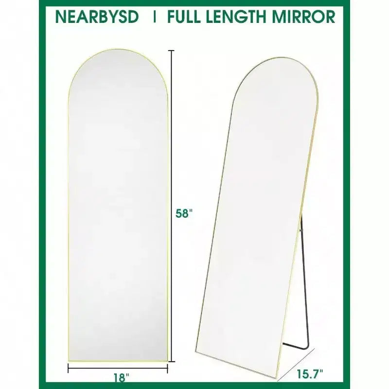Miroir sur pied arqué de 58 pouces, miroir de sol doré avec support, miroir de chambre à coucher, autoportant ou mural