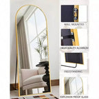 Miroir sur pied arqué de 58 pouces, miroir de sol doré avec support, miroir de chambre à coucher, autoportant ou mural