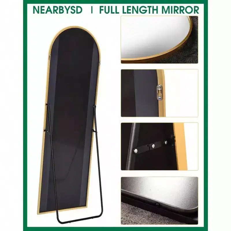 Miroir sur pied arqué de 58 pouces, miroir de sol doré avec support, miroir de chambre à coucher, autoportant ou mural