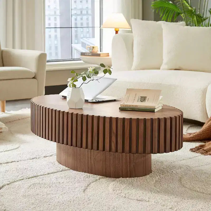 Table Basse Ovale Moderne MAYEERTY 43 Pouces avec Pieds de Tambour, Table d'Appoint en MDF pour Salon et Chambre à Coucher, Table Basse Compacte pour Petits Espaces