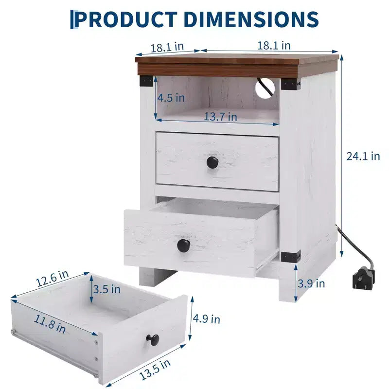 Table de Chevet avec Station de Recharge, Table d'Appoint en Bois avec Ports USB et Prises de Courant, Table de Nuit à 2 Tiroirs