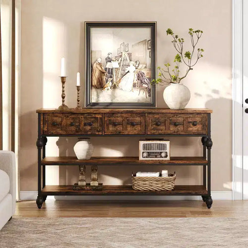 52 Industrial Console Table with 3 Storage Drawers - 3-Tier Metal Sofa Table for Entryway, Living Room, Hallway & Behind Couch