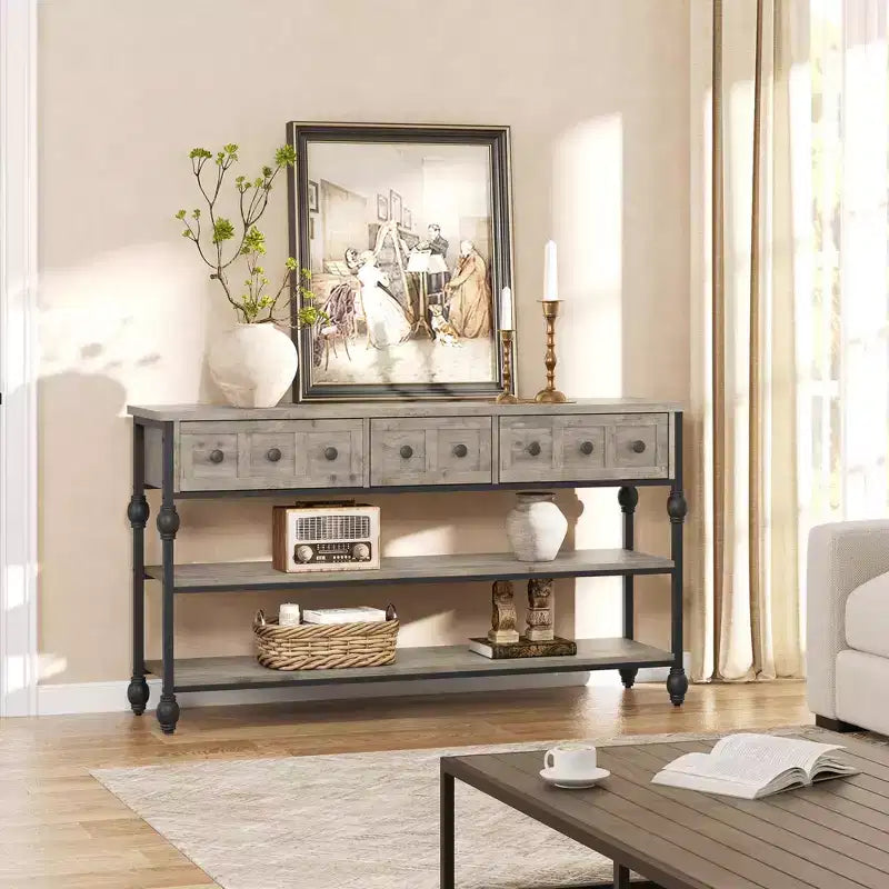 Table Console Industrielle 52" avec 3 Tiroirs de Rangement - Table de Canapé en Métal à 3 Niveaux pour Entrée, Salon, Couloir et Derrière le Canapé