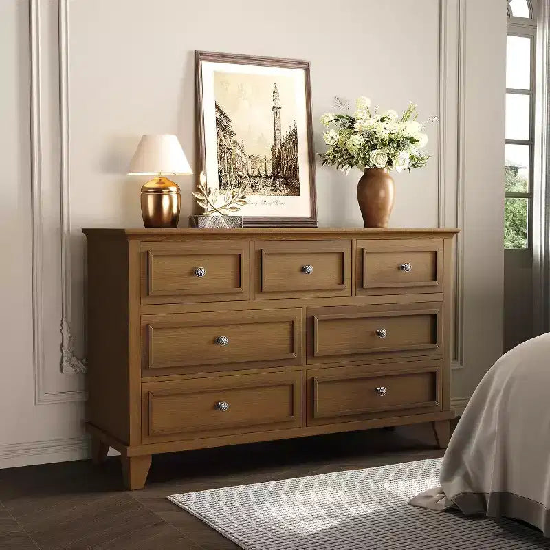 Commode 7 Tiroirs Acekool, Commode en Bois Moderne, Organisateur de Rangement Profond avec Poignées Vintage, Meuble TV pour Chambre et Salon