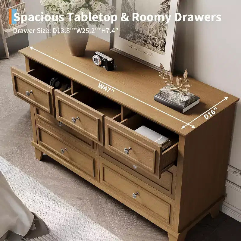 Commode 7 Tiroirs Acekool, Commode en Bois Moderne, Organisateur de Rangement Profond avec Poignées Vintage, Meuble TV pour Chambre et Salon