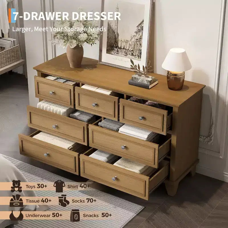 Commode 7 Tiroirs Acekool, Commode en Bois Moderne, Organisateur de Rangement Profond avec Poignées Vintage, Meuble TV pour Chambre et Salon