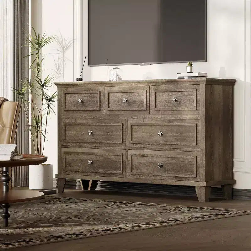 Commode 7 Tiroirs Acekool, Commode en Bois Moderne, Organisateur de Rangement Profond avec Poignées Vintage, Meuble TV pour Chambre et Salon